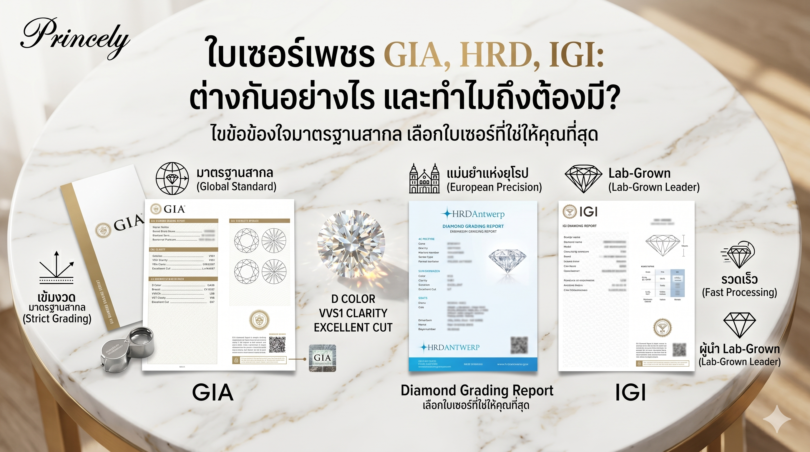 ใบเซอร์เพชร GIA, HRD, IGI ต่างกันอย่างไร และทำไมถึงต้องมี?