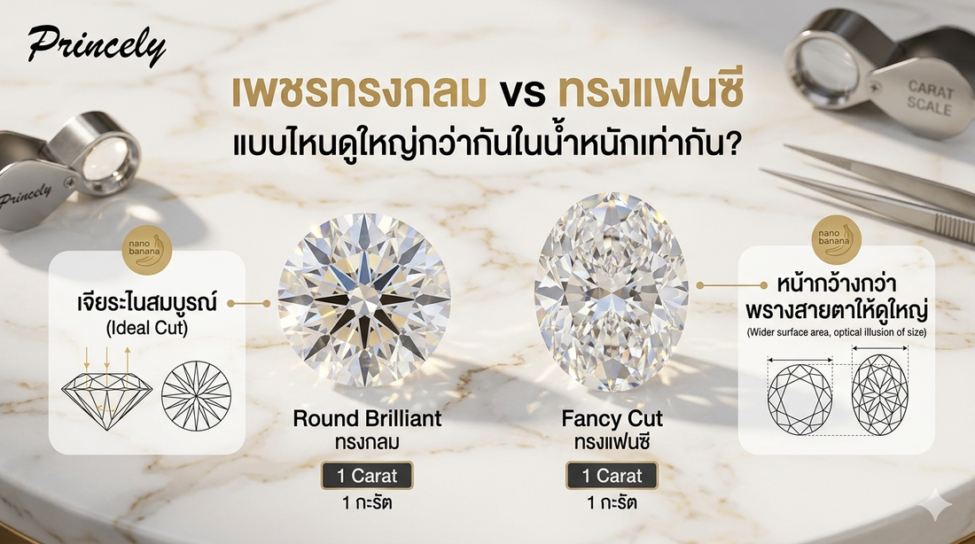 เพชรทรงกลม (Round Brilliant) vs ทรงแฟนซี แบบไหนดูใหญ่กว่ากันในน้ำหนักเท่ากัน?