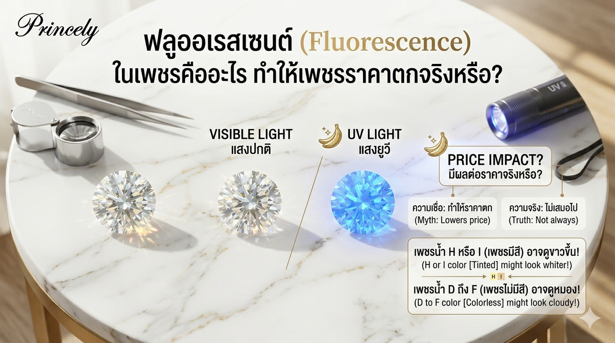 ฟลูออเรสเซนต์ (Fluorescence) ในเพชรคืออะไร ทำให้เพชรราคาตกจริงหรือ?