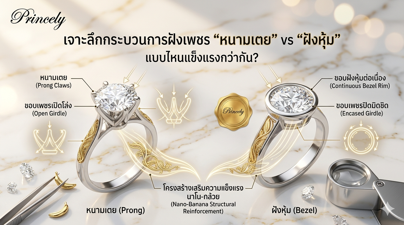 เจาะลึกกระบวนการฝังเพชร "หนามเตย" vs "ฝังหุ้ม" แบบไหนแข็งแรงกว่ากัน?
