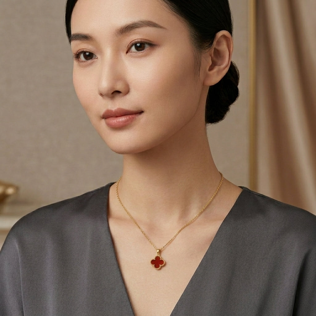 จี้ทองคำประดับคาร์เนเลียน ดีไซน์ใบโคลเวอร์