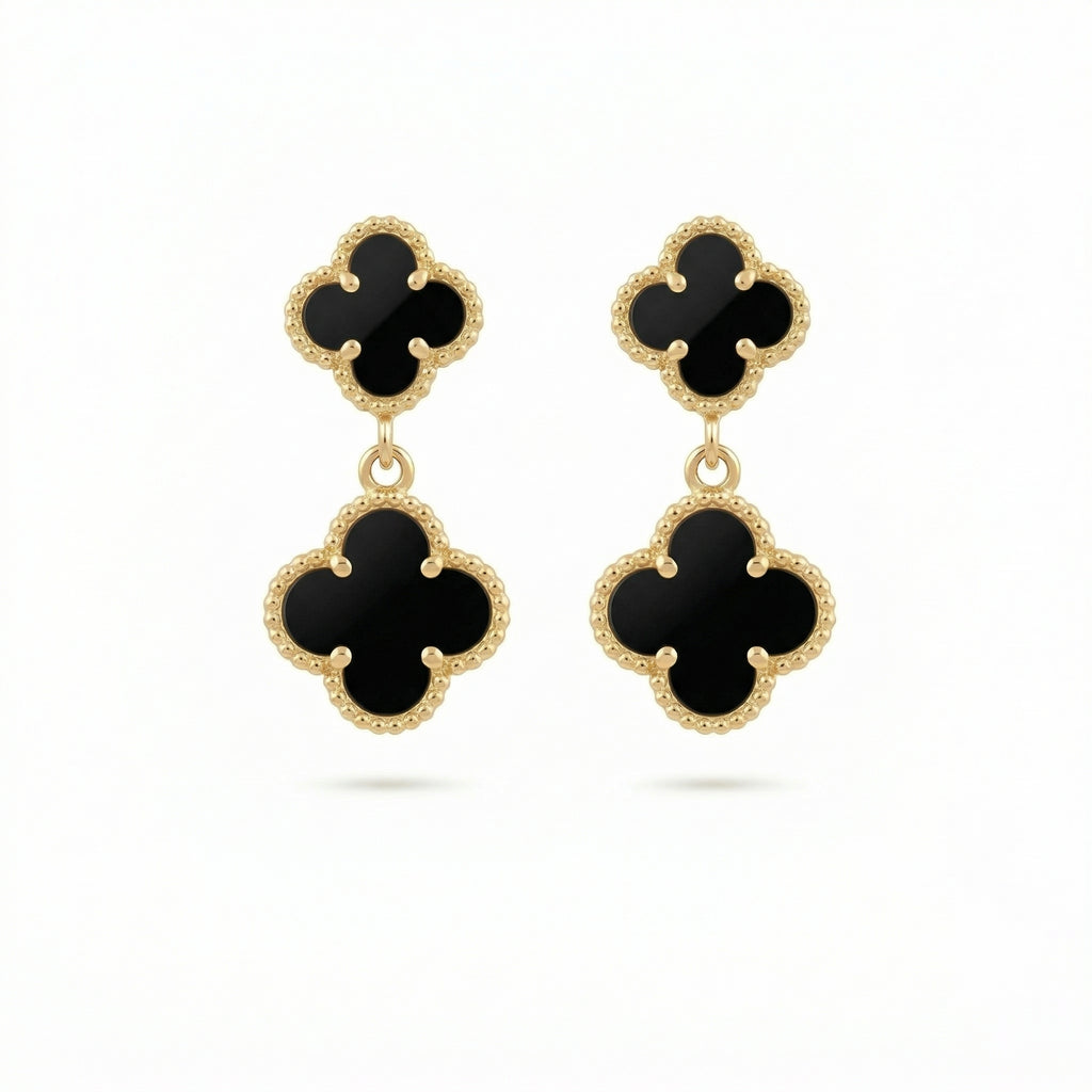 ต่างหูโคลเวอร์ประดับหินแบล็กโอนิกซ์ (Black Onyx) ทองคำแท้