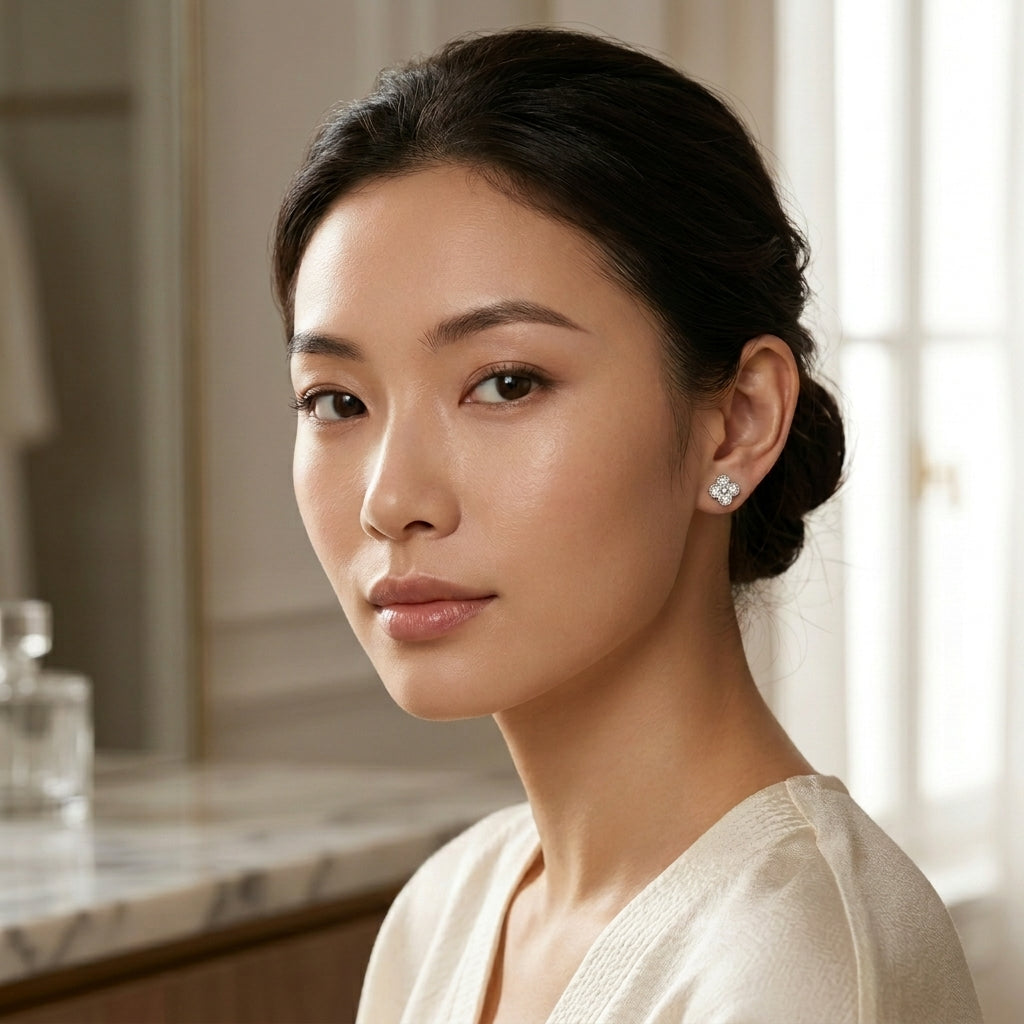 ต่างหูทองคำขาว 18K ประดับเพชรรูปใบโคลเวอร์ (Diamond Clover Stud Earrings)