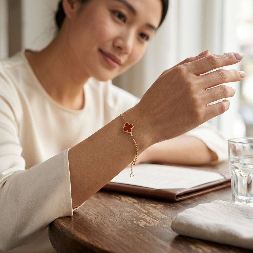 สร้อยข้อมือทองคำประดับคาร์เนเลียน ดีไซน์ใบโคลเวอร์ มินิมอล