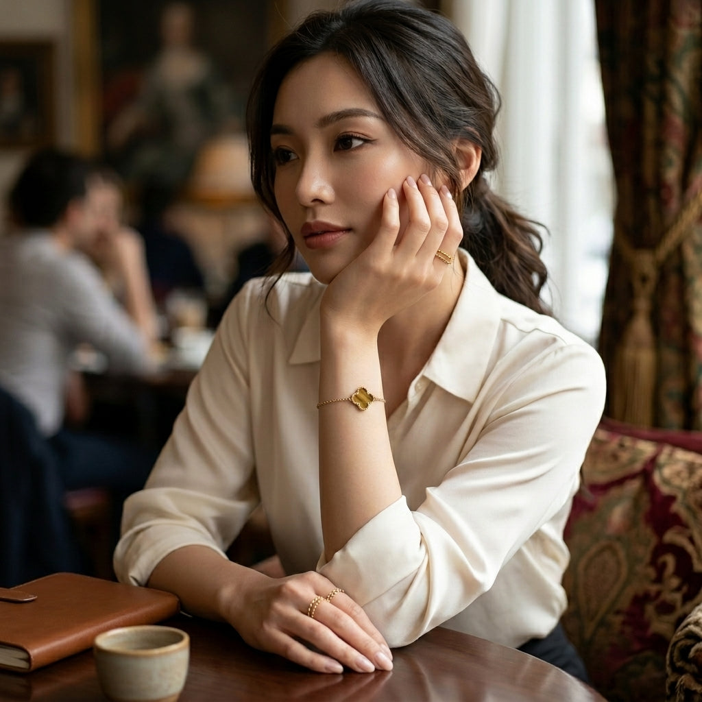 สร้อยข้อมือทองคำประดับอัญมณีไทเกอร์อายส์ดีไซน์โคลเวอร์