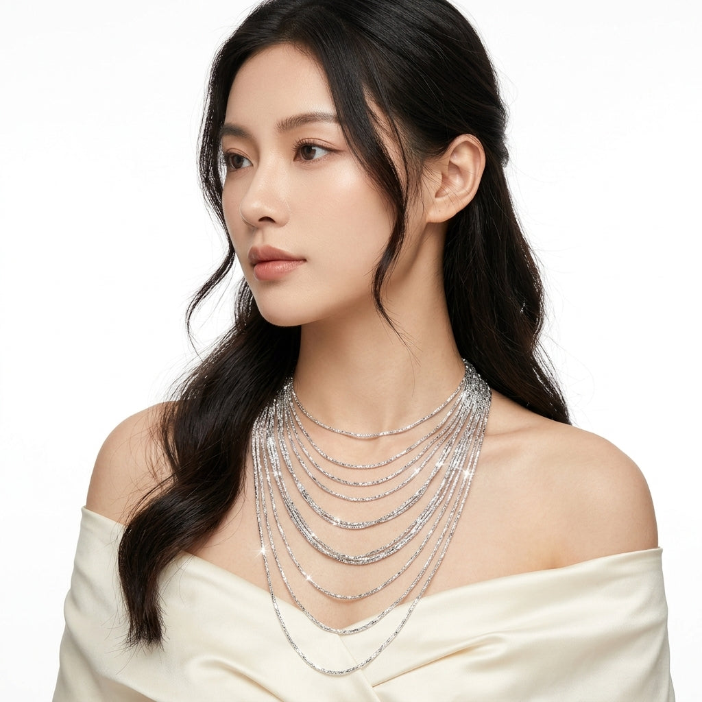 สร้อยคอเงินแท้ดีไซน์หลายสายซ้อนกันสุดหรู