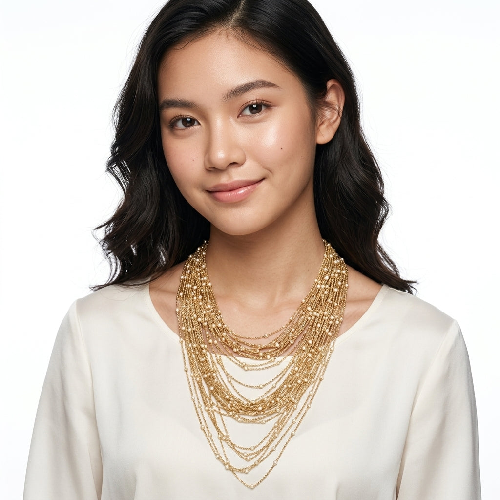 สร้อยคอทองคำ ดีไซน์ลูกปัดระย้าเรียงร้อยหลายสายสุดอลังการ