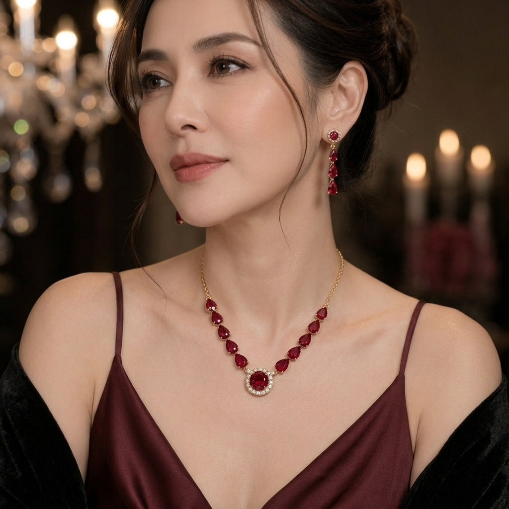 สร้อยคอทองคำประดับทับทิมล้อมเพชรทรงหยดน้ำ