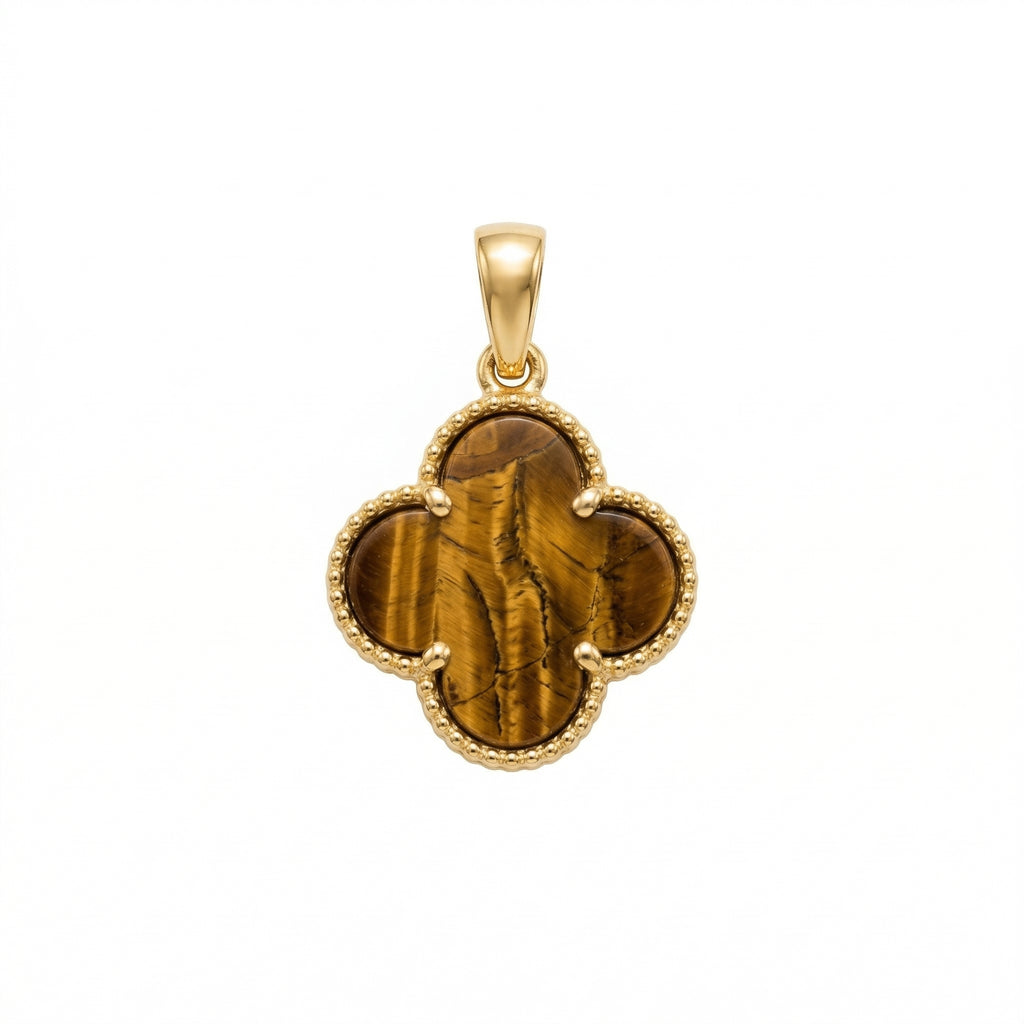 จี้โคลเวอร์ประดับหินไทเกอร์อาย (Tiger's Eye) ทองคำแท้ 18K